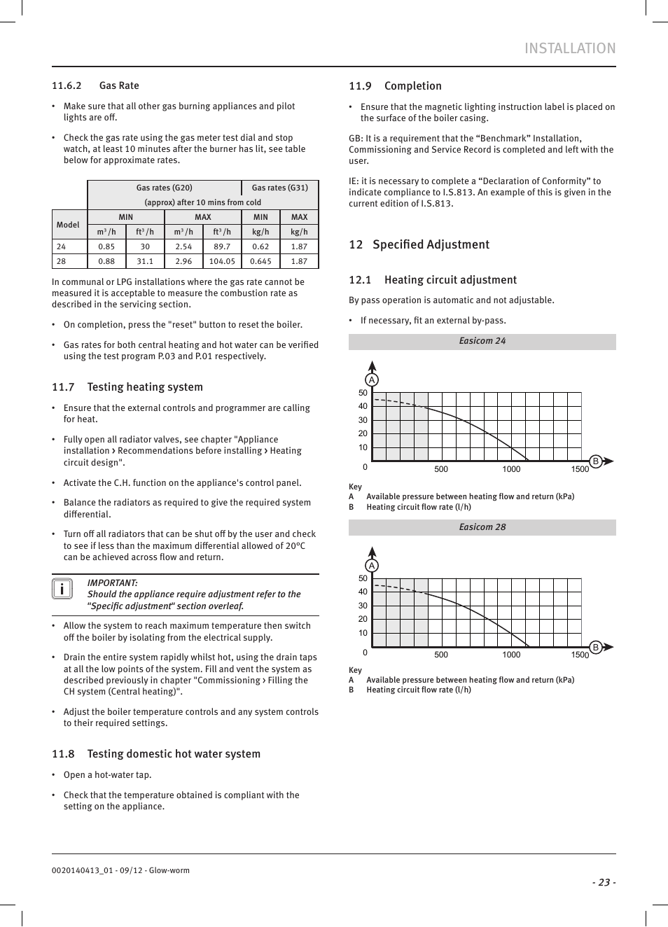Installation, 12 specified adjustment, 7 testing heating system | 8 testing domestic hot water system, 9 completion, 1 heating circuit adjustment | Glow-worm Easicom User Manual | Page 25 / 56