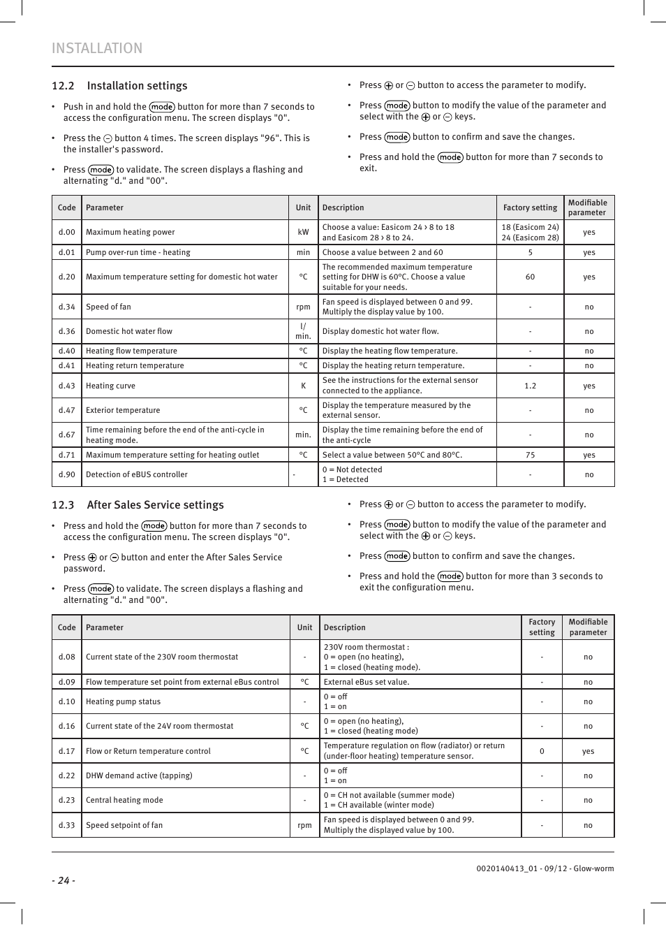 Installation, 2 installation settings, 3 after sales service settings | Glow-worm Easicom User Manual | Page 26 / 56