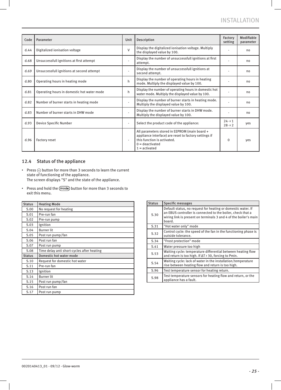 Installation, 4 status of the appliance | Glow-worm Easicom User Manual | Page 27 / 56