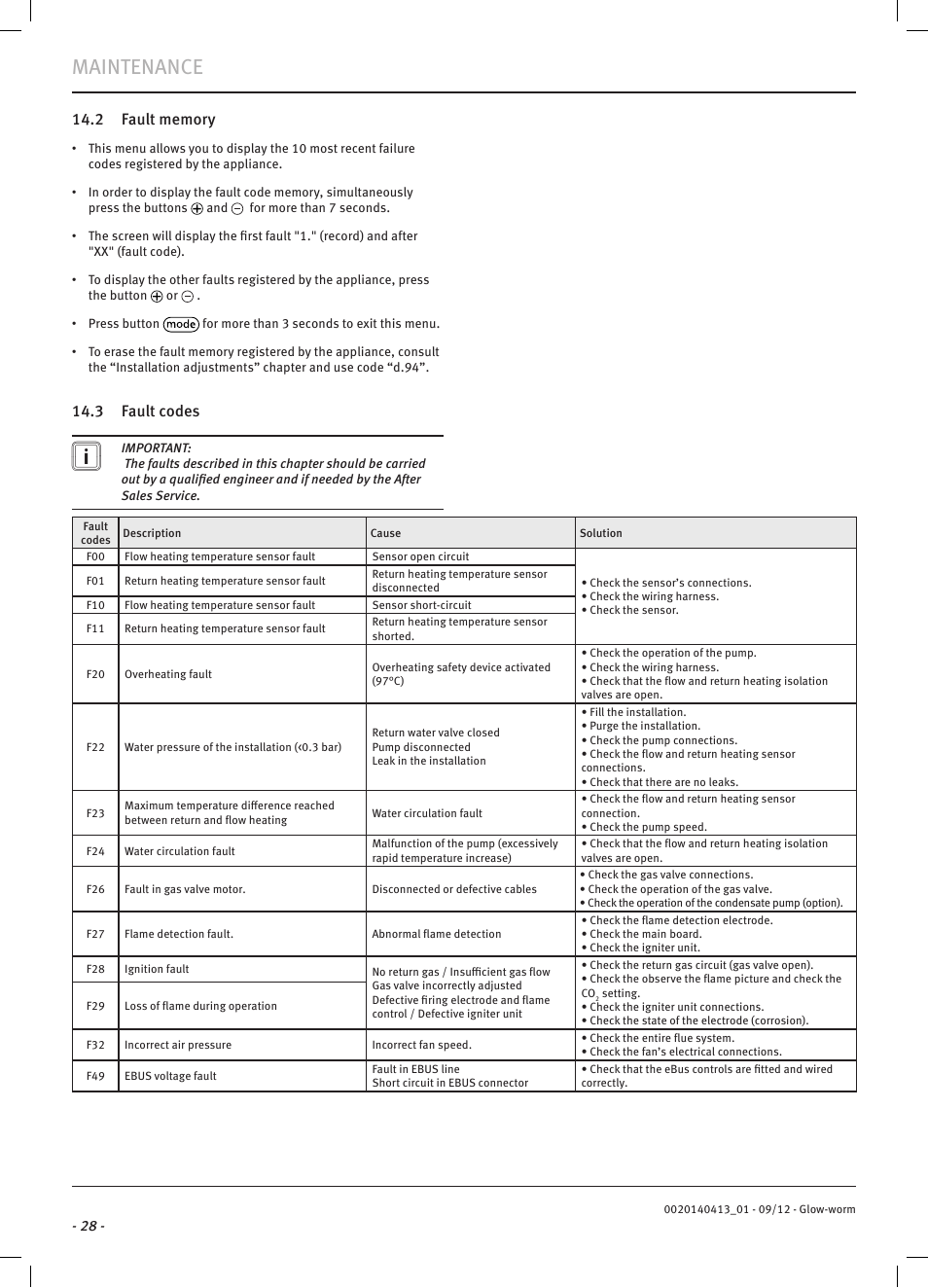 Maintenance, 3 fault codes | Glow-worm Easicom User Manual | Page 30 / 56