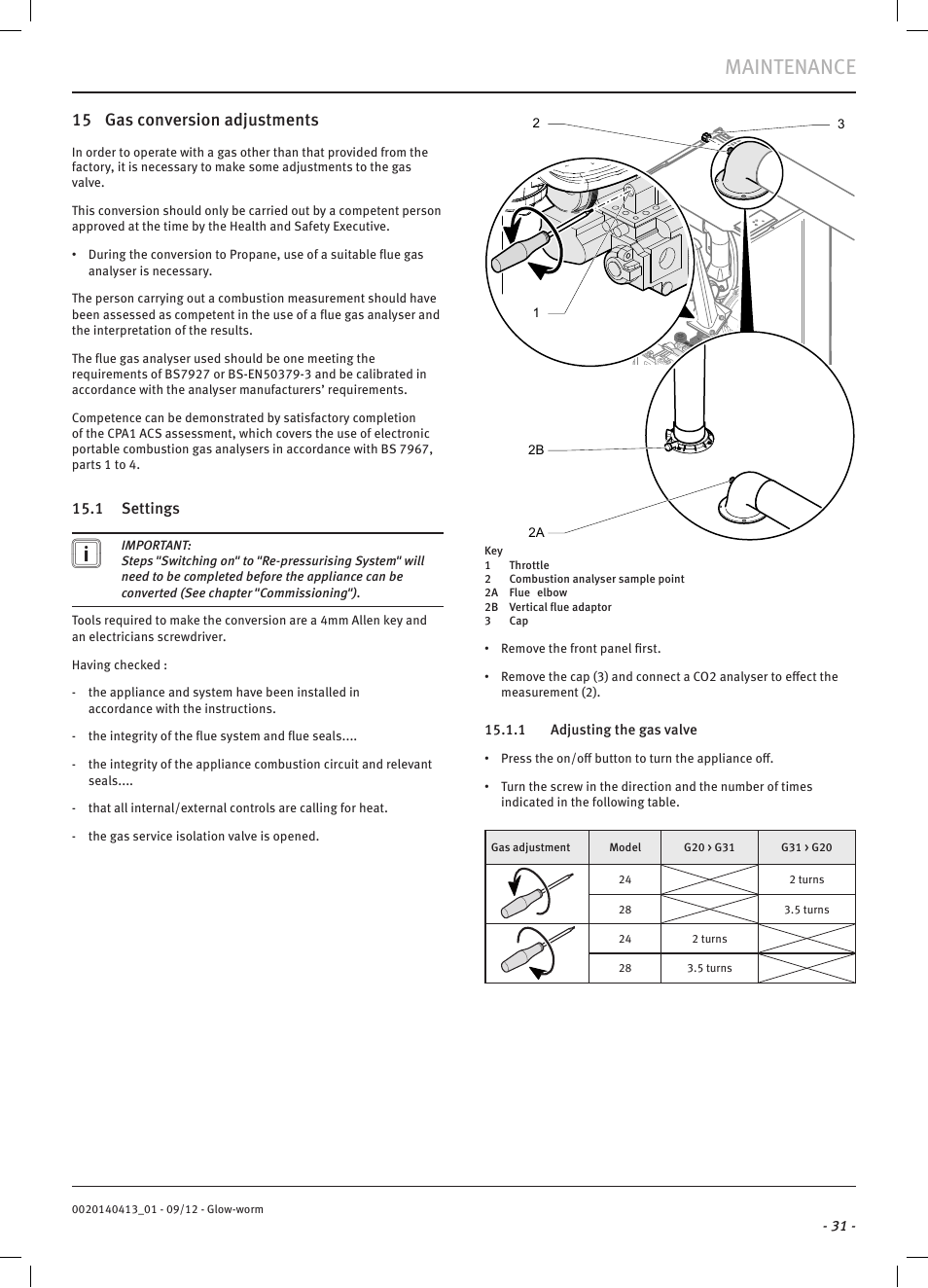 Maintenance, 15 gas conversion adjustments | Glow-worm Easicom User Manual | Page 33 / 56