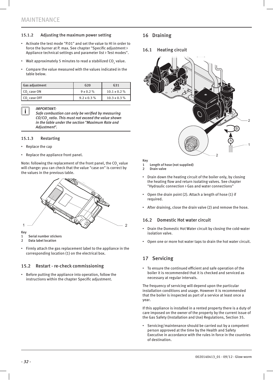 Maintenance, 16 draining, 17 servicing | Glow-worm Easicom User Manual | Page 34 / 56