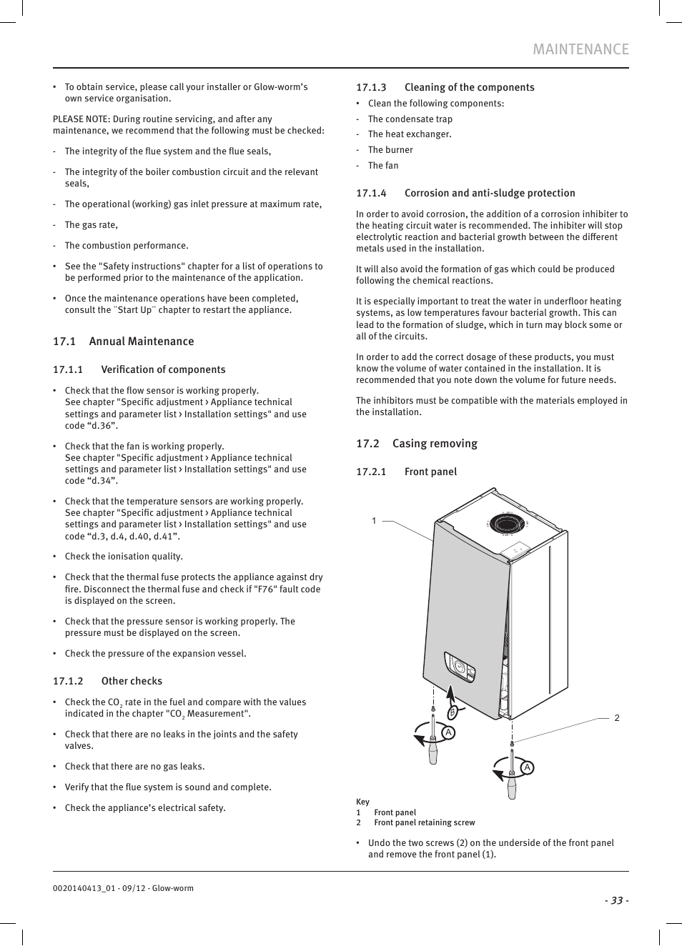 Maintenance, 1 annual maintenance, 2 casing removing | Glow-worm Easicom User Manual | Page 35 / 56