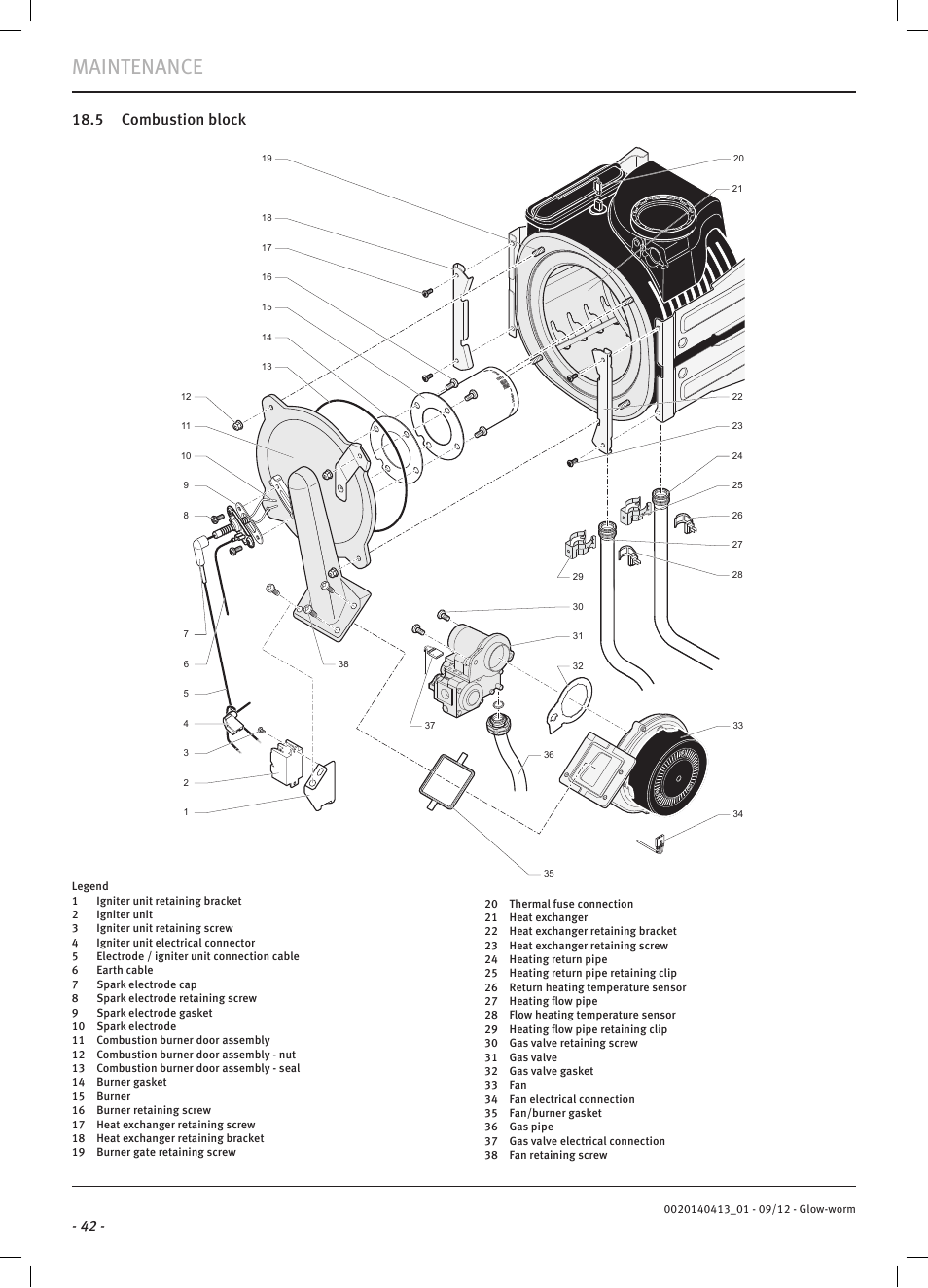 Maintenance, 5 combustion block | Glow-worm Easicom User Manual | Page 44 / 56
