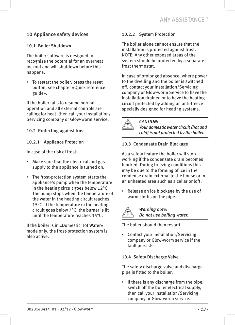 Any assistance | Glow-worm Easicom User Manual | Page 15 / 20