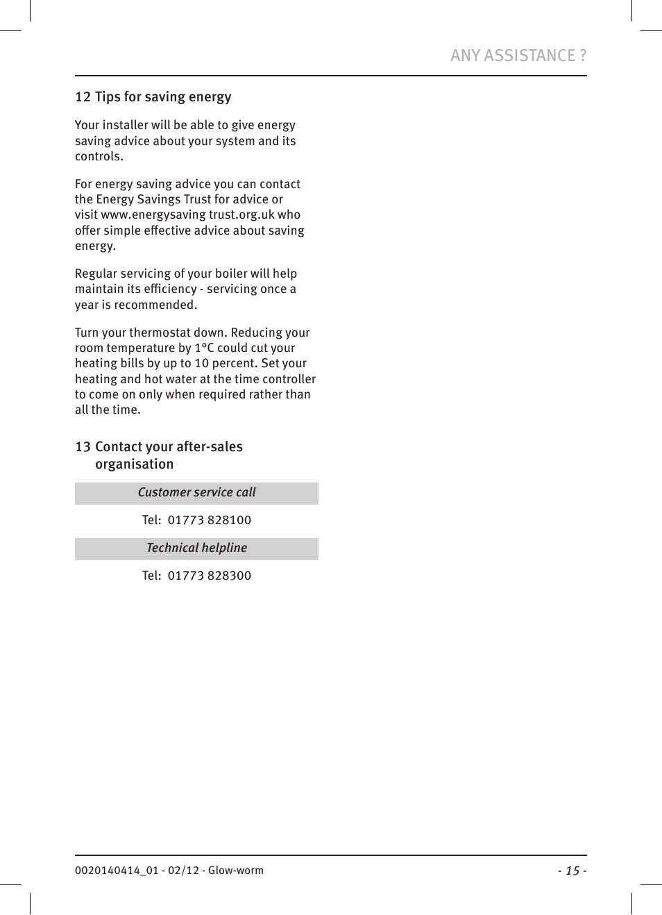 Any assistance | Glow-worm Easicom User Manual | Page 17 / 20