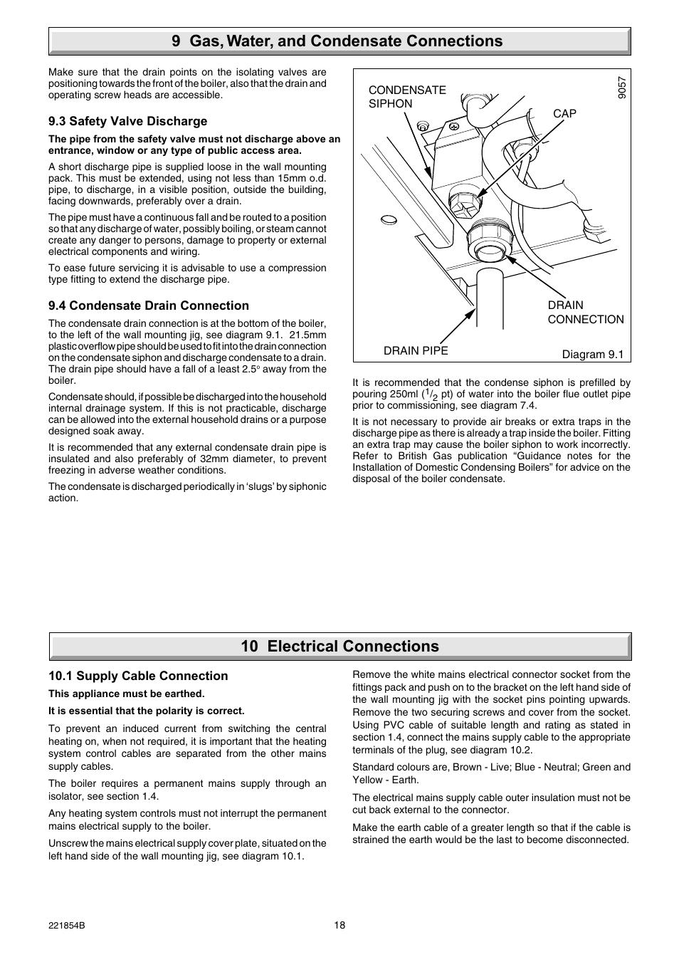 9 gas, water, and condensate connections, 10 electrical connections | Glow-worm Energy Saver Combi 2 and Gas Valve User Manual | Page 18 / 40