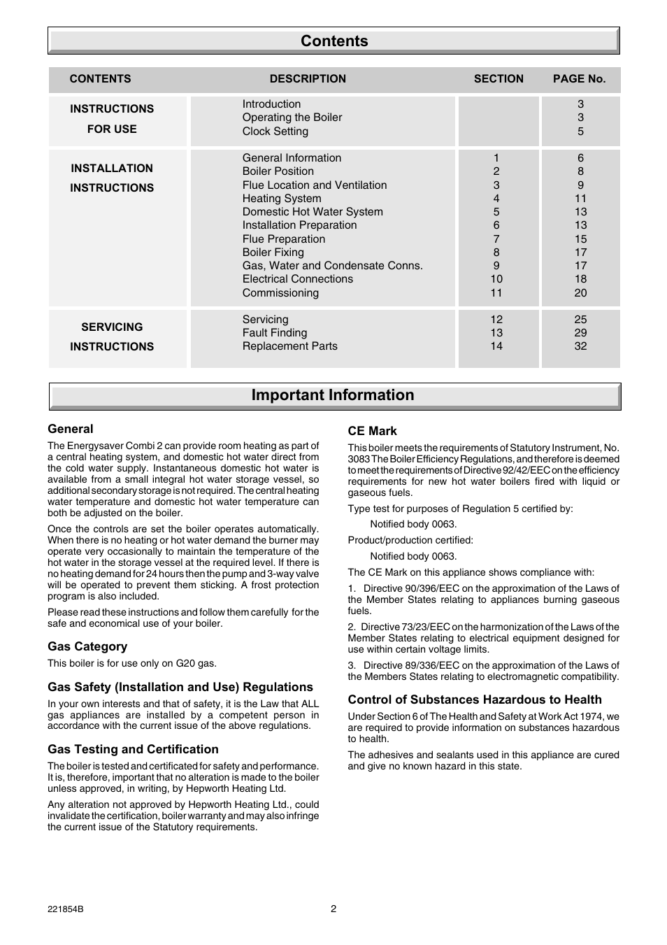 Contents important information | Glow-worm Energy Saver Combi 2 and Gas Valve User Manual | Page 2 / 40