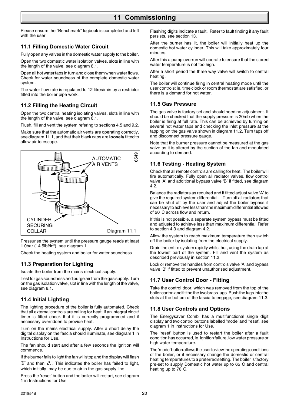 11 commissioning | Glow-worm Energy Saver Combi 2 and Gas Valve User Manual | Page 20 / 40