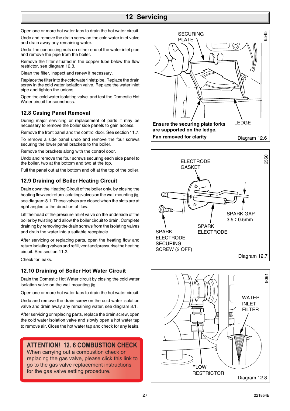 12 servicing, Attention! 12. 6 combustion check | Glow-worm Energy Saver Combi 2 and Gas Valve User Manual | Page 27 / 40