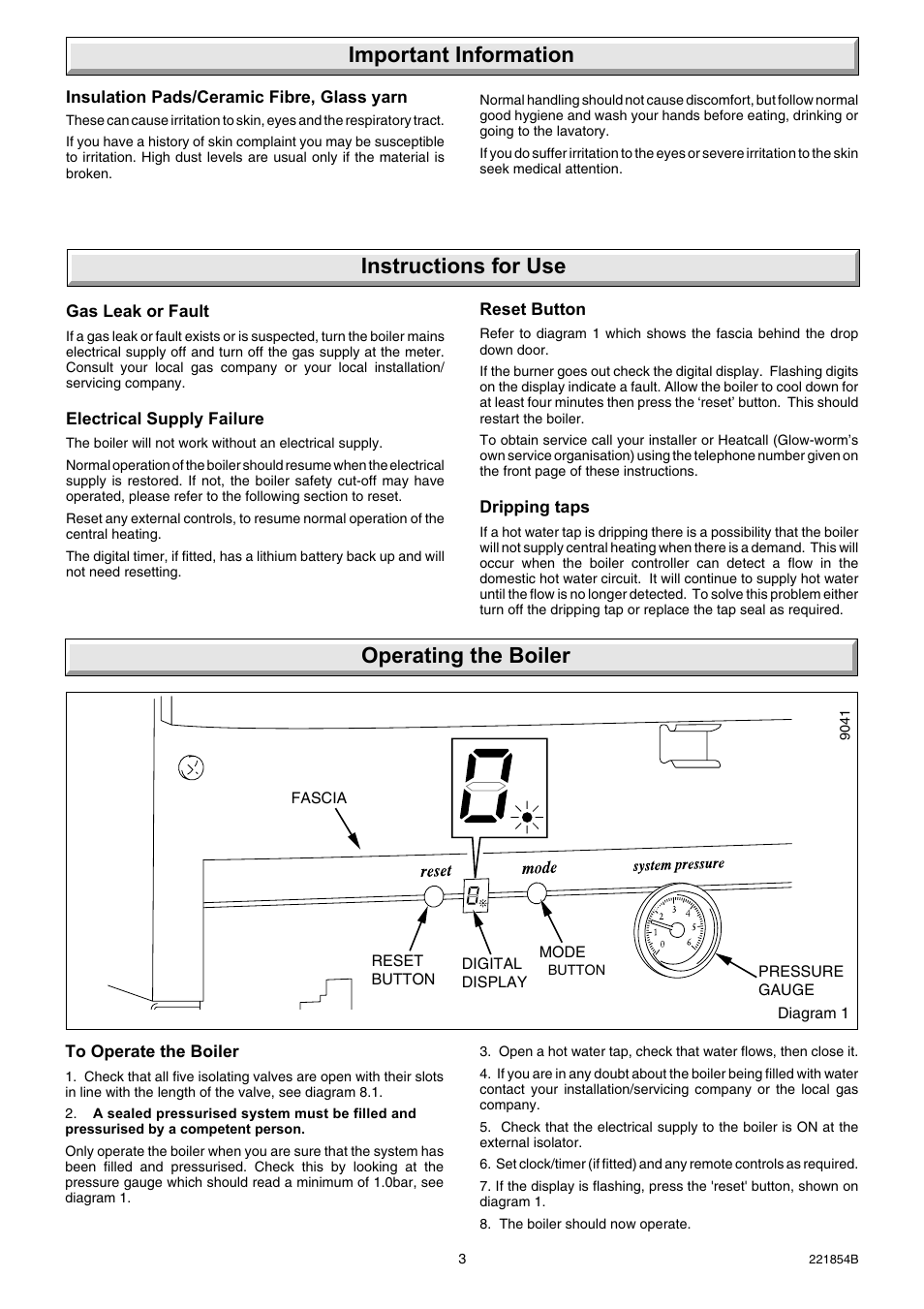 Important information, Instructions for use, Operating the boiler | Glow-worm Energy Saver Combi 2 and Gas Valve User Manual | Page 3 / 40