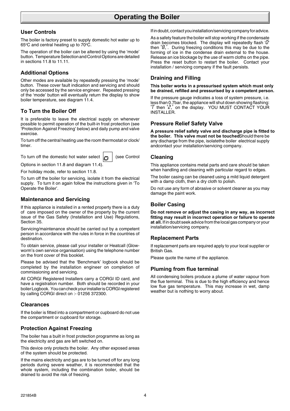 Operating the boiler | Glow-worm Energy Saver Combi 2 and Gas Valve User Manual | Page 4 / 40