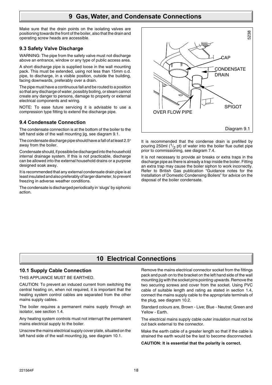 9 gas, water, and condensate connections, 10 electrical connections | Glow-worm Energy Saver 80 - 100 and Gave Valve User Manual | Page 18 / 40