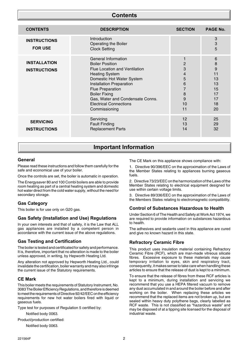 Contents important information | Glow-worm Energy Saver 80 - 100 and Gave Valve User Manual | Page 2 / 40