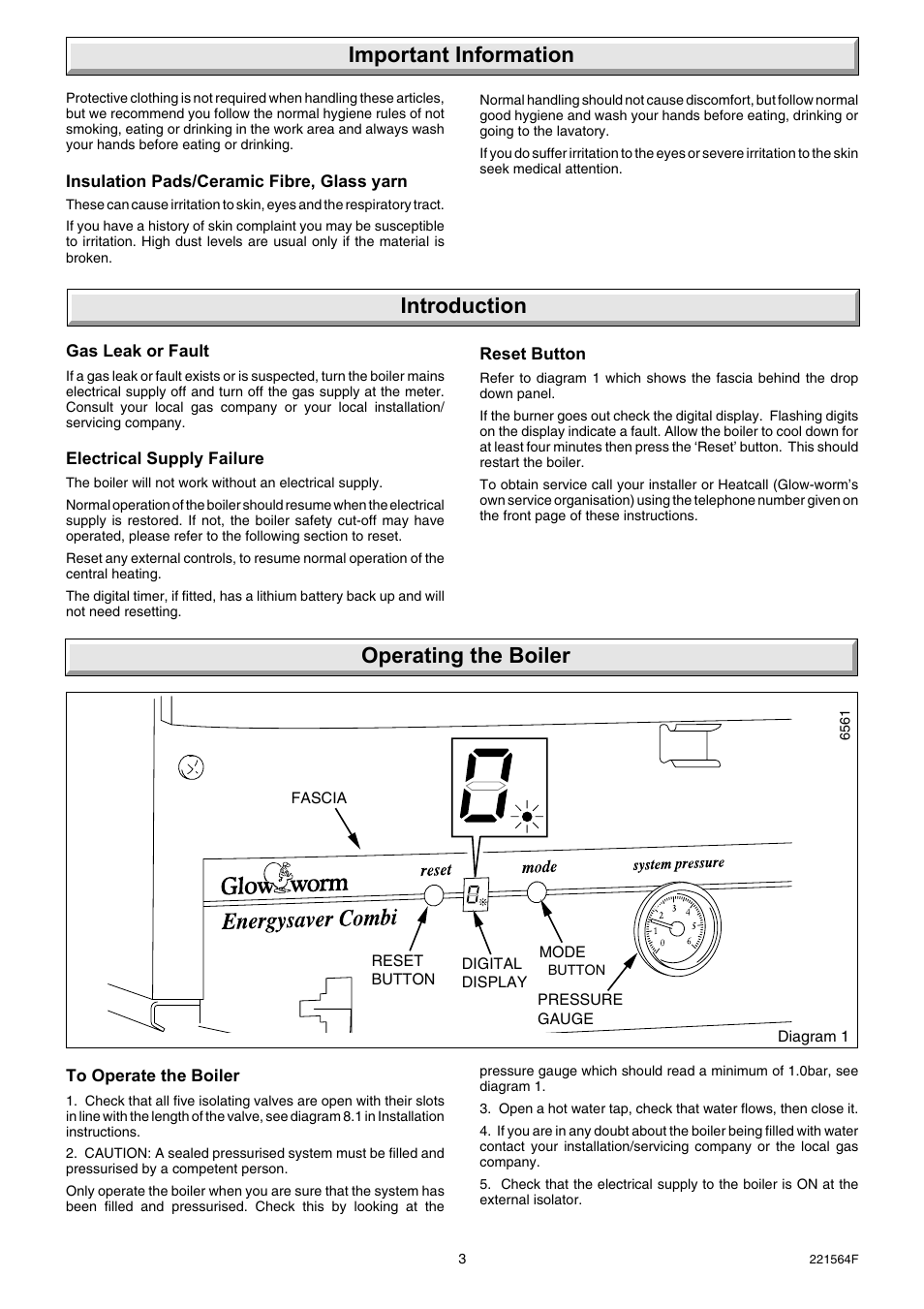 Important information, Introduction, Operating the boiler | Glow-worm Energy Saver 80 - 100 and Gave Valve User Manual | Page 3 / 40