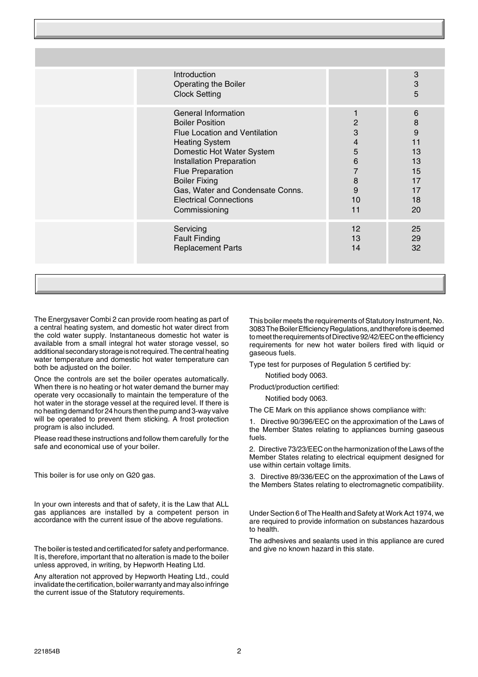 Contents important information | Glow-worm EnergySaverCombi 100 User Manual | Page 2 / 36