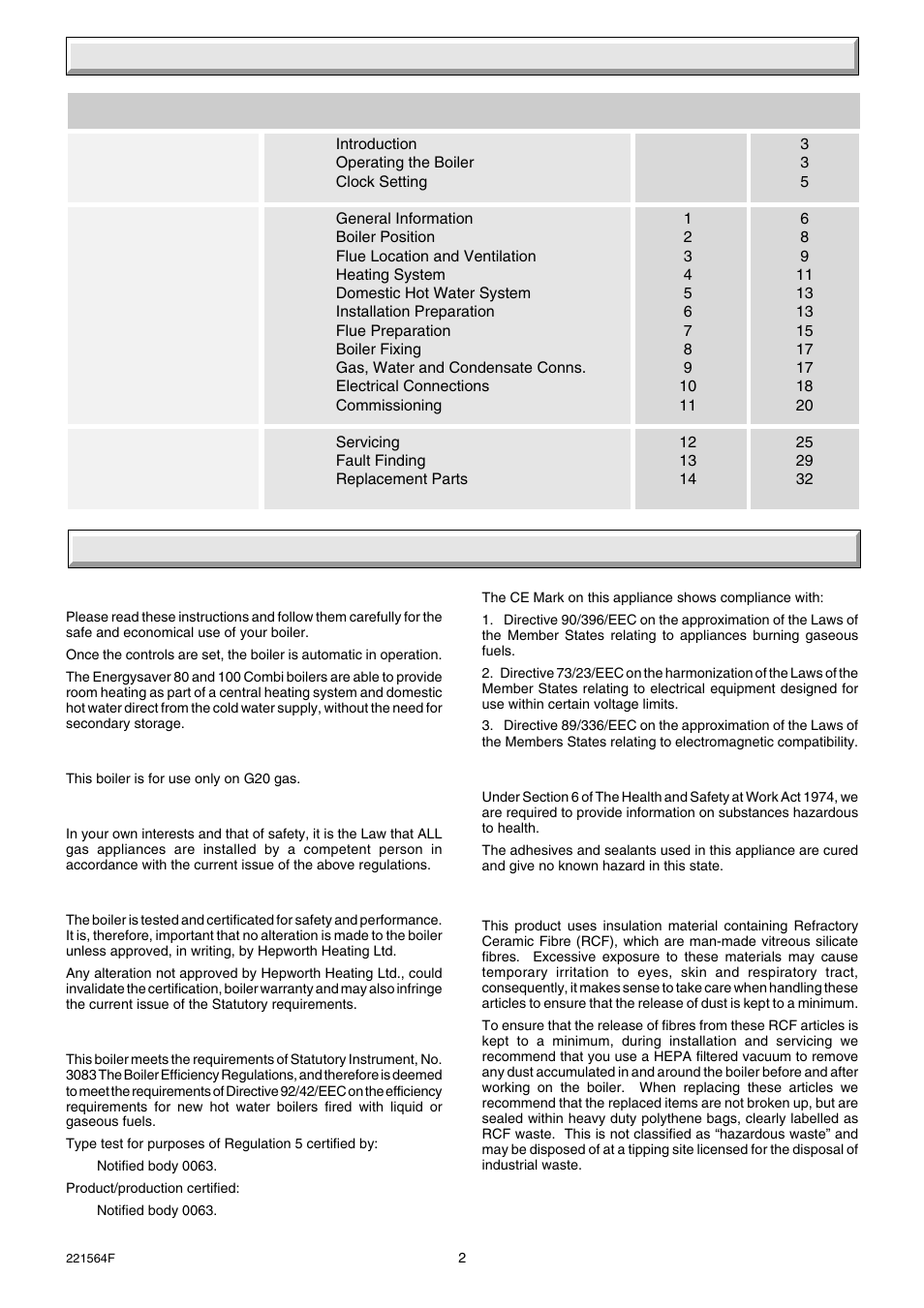 Contents important information | Glow-worm Energysaver Combi 80-100 User Manual | Page 2 / 36