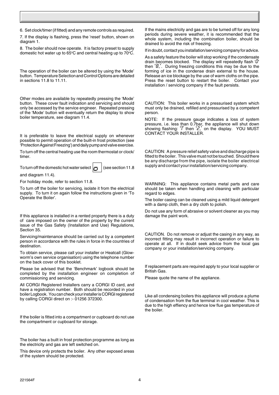 Operating the boiler | Glow-worm Energysaver Combi 80-100 User Manual | Page 4 / 36