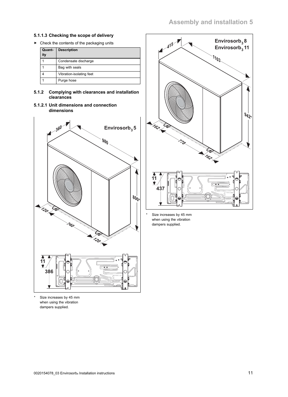3 checking the scope of delivery, 1 unit dimensions and connection dimensions, Assembly and installation 5 | Glow-worm Envirosorb3 User Manual | Page 11 / 40
