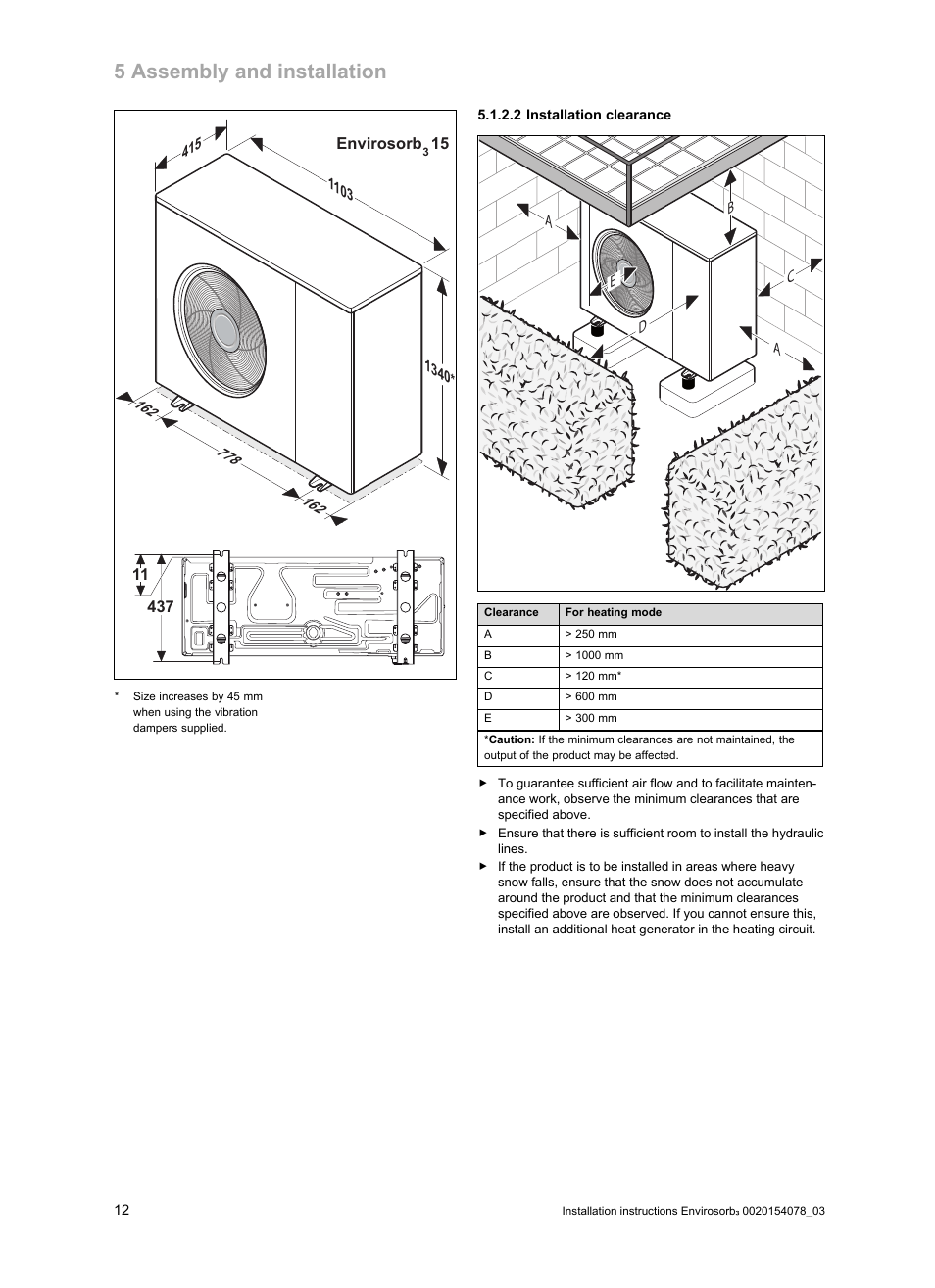2 installation clearance, 5 assembly and installation | Glow-worm Envirosorb3 User Manual | Page 12 / 40