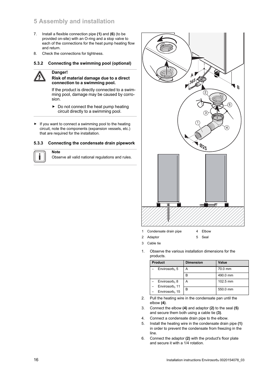2 connecting the swimming pool (optional), 3 connecting the condensate drain pipework, 5 assembly and installation | Glow-worm Envirosorb3 User Manual | Page 16 / 40
