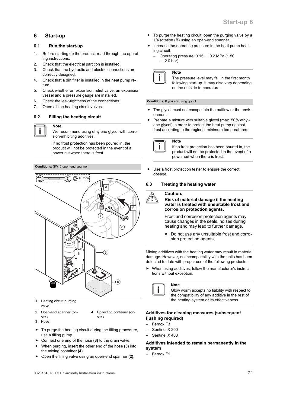 6 start-up, 1 run the start-up, 2 filling the heating circuit | 3 treating the heating water, Start-up 6 | Glow-worm Envirosorb3 User Manual | Page 21 / 40