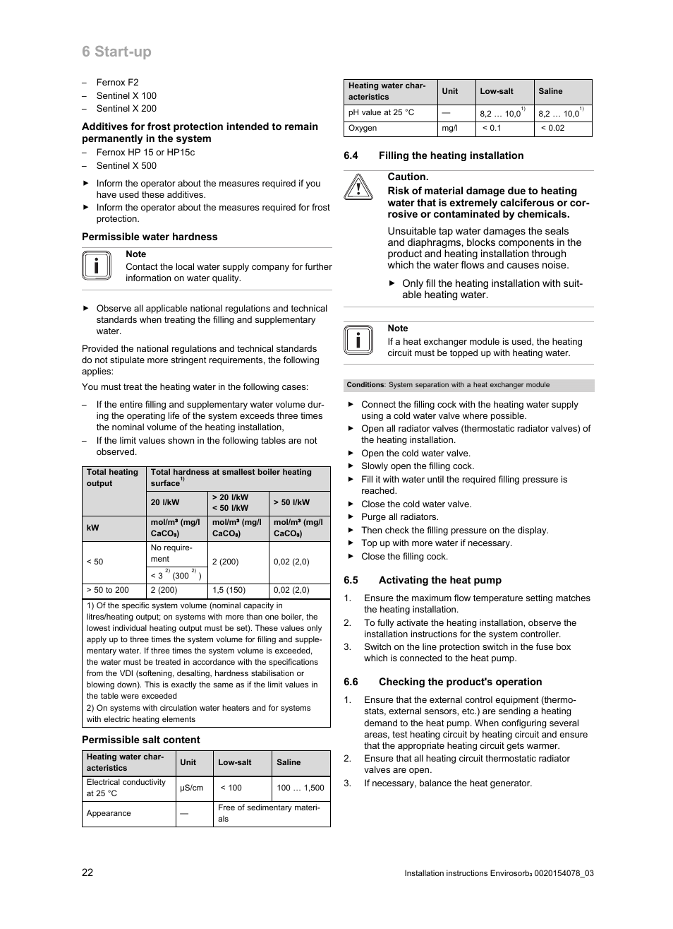 4 filling the heating installation, 5 activating the heat pump, 6 checking the product's operation | 6 start-up | Glow-worm Envirosorb3 User Manual | Page 22 / 40