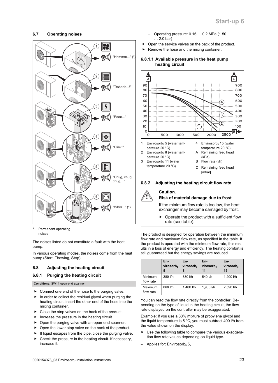 7 operating noises, 8 adjusting the heating circuit, 1 purging the heating circuit | 2 adjusting the heating circuit flow rate, Start-up 6 | Glow-worm Envirosorb3 User Manual | Page 23 / 40