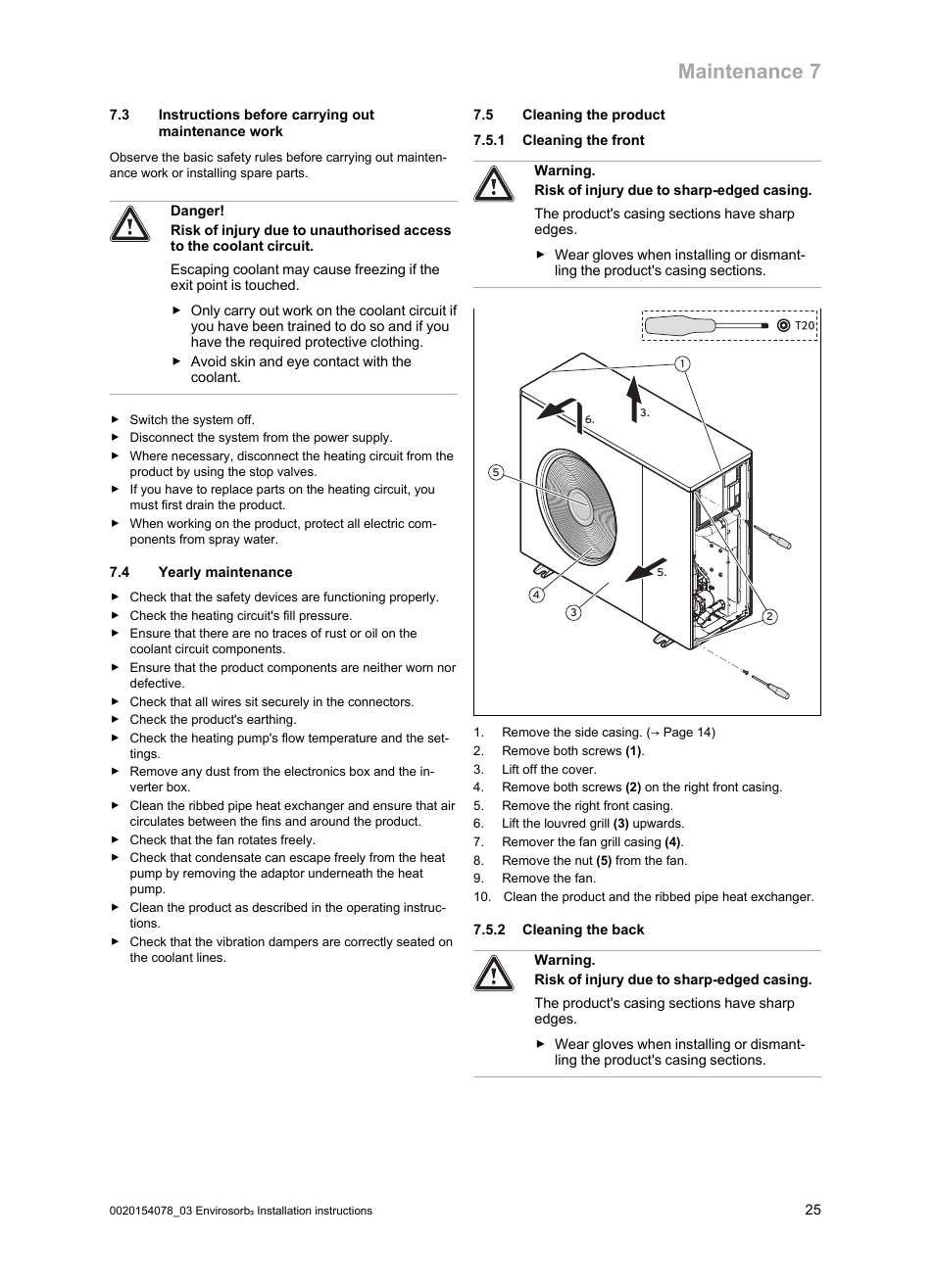 4 yearly maintenance, 5 cleaning the product, 1 cleaning the front | 2 cleaning the back, Maintenance 7 | Glow-worm Envirosorb3 User Manual | Page 25 / 40