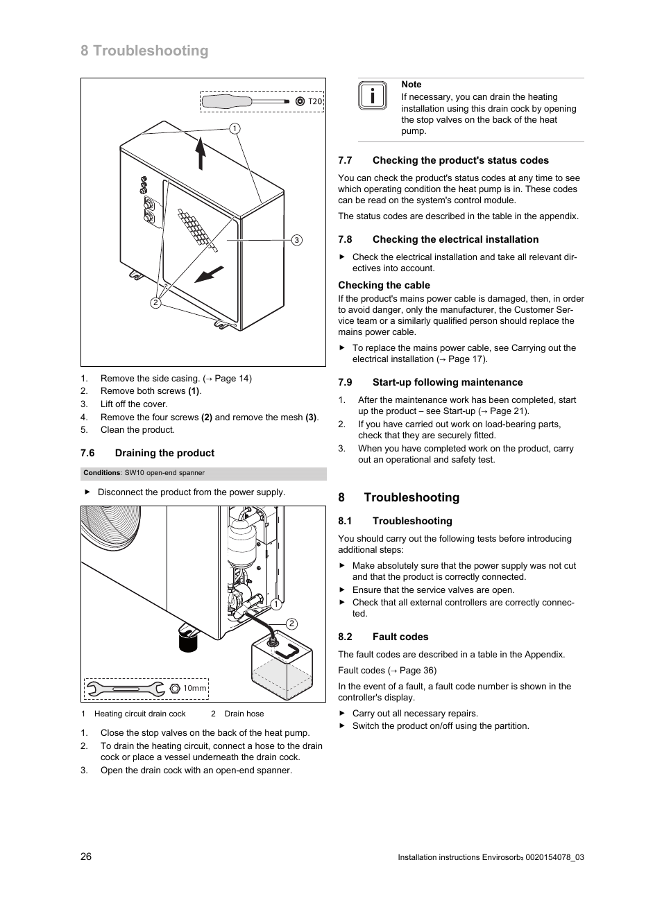 6 draining the product, 7 checking the product's status codes, 8 checking the electrical installation | 9 start-up following maintenance, 8 troubleshooting, 1 troubleshooting, 2 fault codes | Glow-worm Envirosorb3 User Manual | Page 26 / 40
