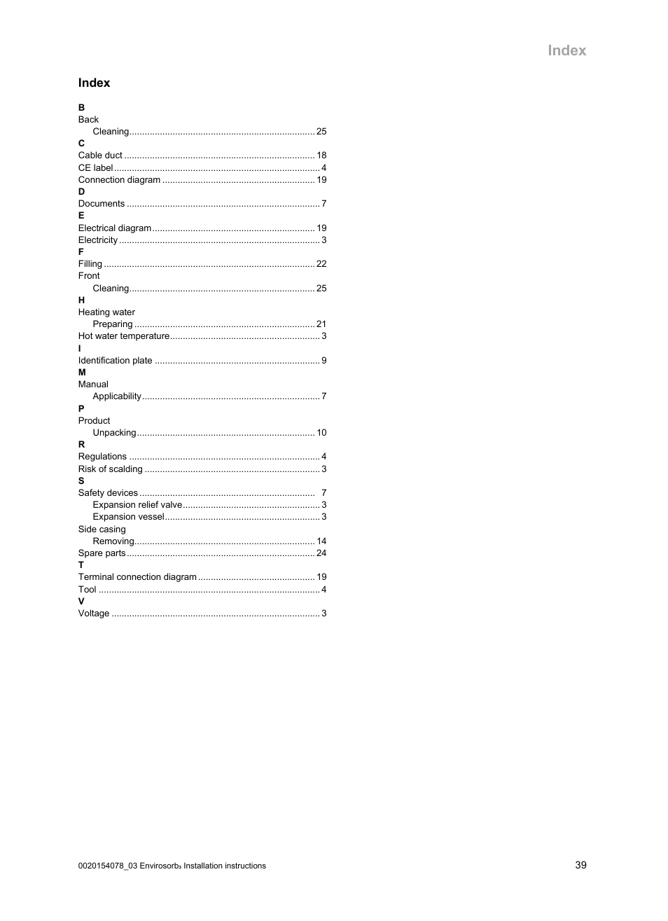 Index | Glow-worm Envirosorb3 User Manual | Page 39 / 40