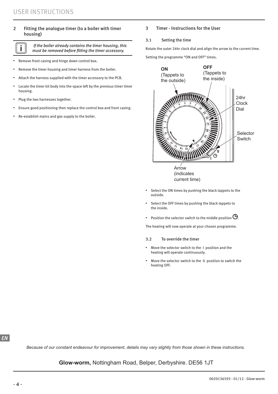 User instructions | Glow-worm Flexicom cx Analogue Timer Kit User Manual | Page 4 / 4