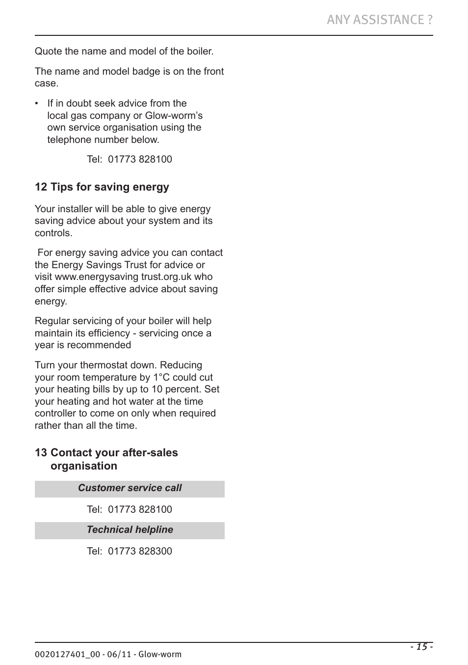 Any assistance | Glow-worm Flexicom cx User Manual | Page 15 / 16