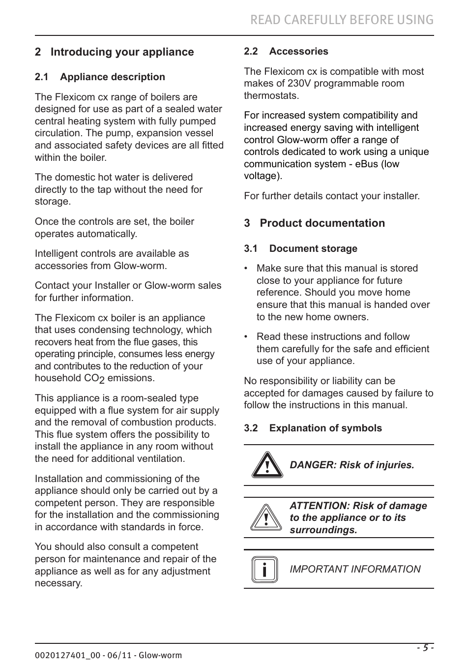 Read carefully before using | Glow-worm Flexicom cx User Manual | Page 5 / 16