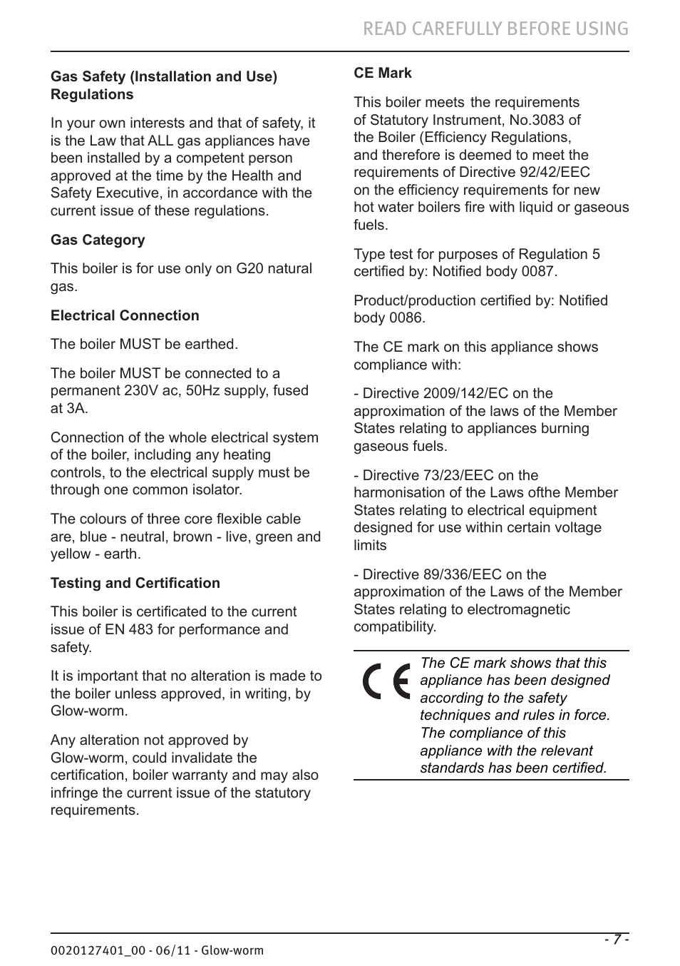 Read carefully before using | Glow-worm Flexicom cx User Manual | Page 7 / 16