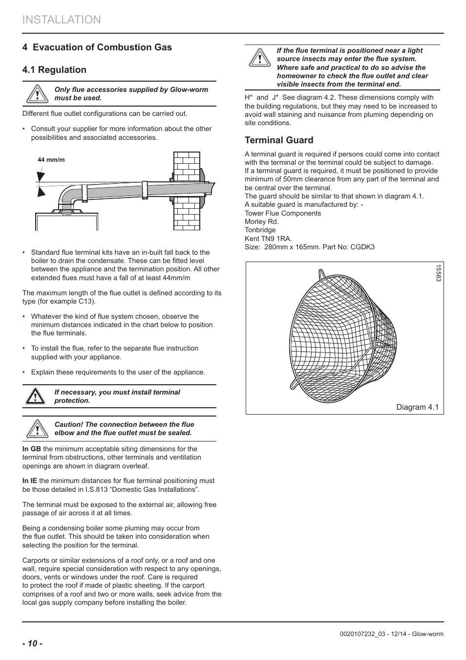 Installation, 4 evacuation of combustion gas 4.1 regulation, Terminal guard | Glow-worm Flexicom cx User Manual | Page 10 / 56