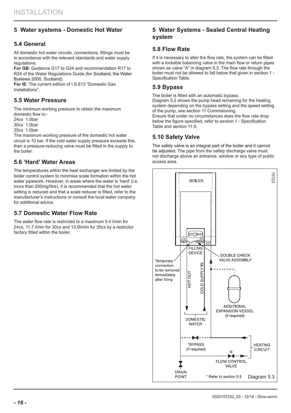 Installation, 5 water systems - domestic hot water 5.4 general, 5 water pressure | 6 ‘hard’ water areas, 7 domestic water flow rate, 9 bypass, 10 safety valve | Glow-worm Flexicom cx User Manual | Page 16 / 56
