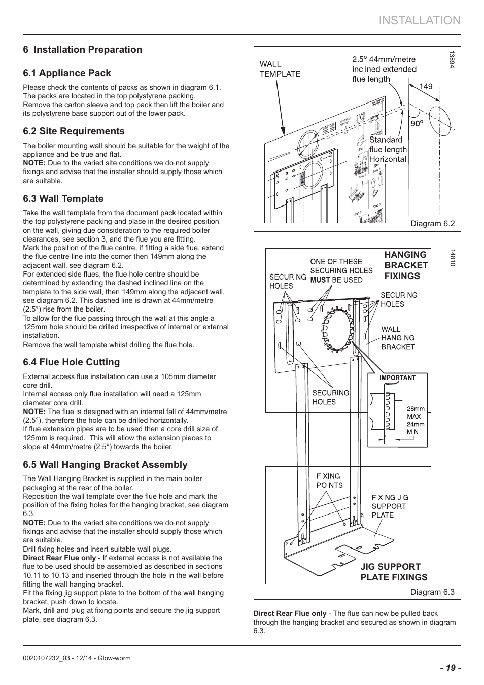 Installation, 6 installation preparation 6.1 appliance pack, 2 site requirements | 3 wall template, 4 flue hole cutting, 5 wall hanging bracket assembly | Glow-worm Flexicom cx User Manual | Page 19 / 56