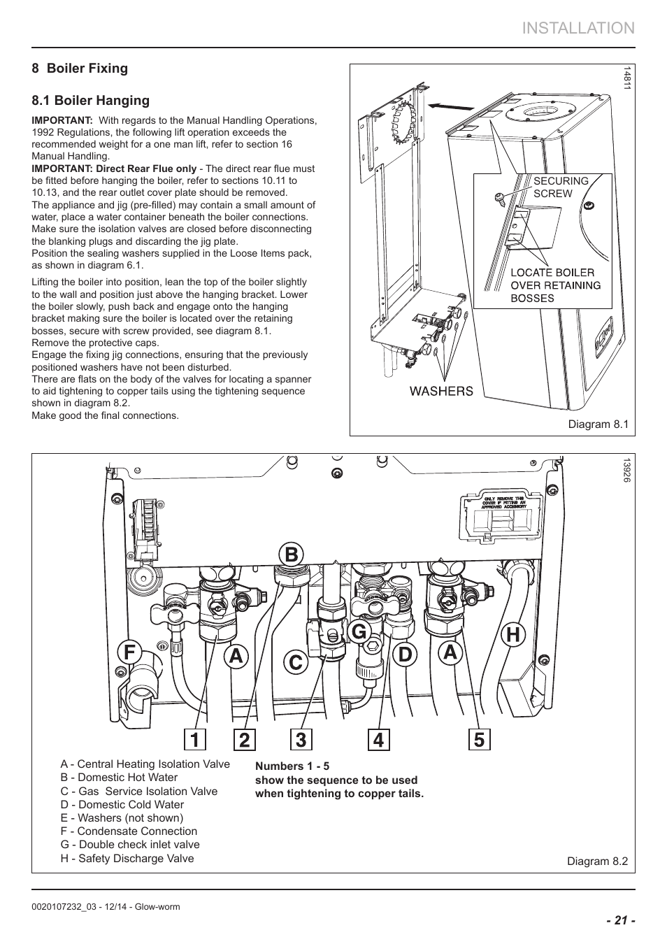 Installation, 8 boiler fixing 8.1 boiler hanging | Glow-worm Flexicom cx User Manual | Page 21 / 56