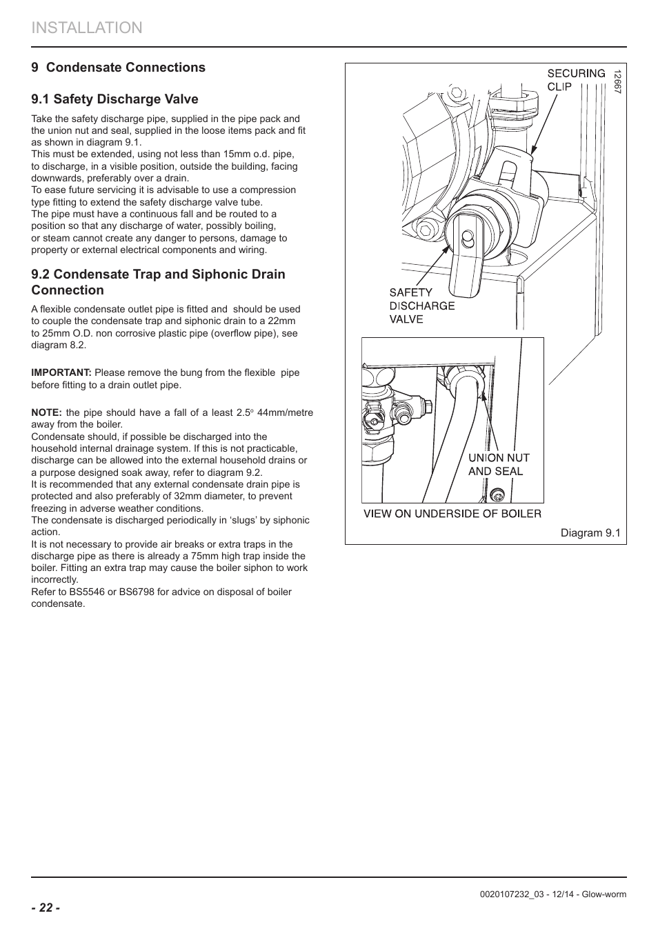Installation, 2 condensate trap and siphonic drain connection | Glow-worm Flexicom cx User Manual | Page 22 / 56