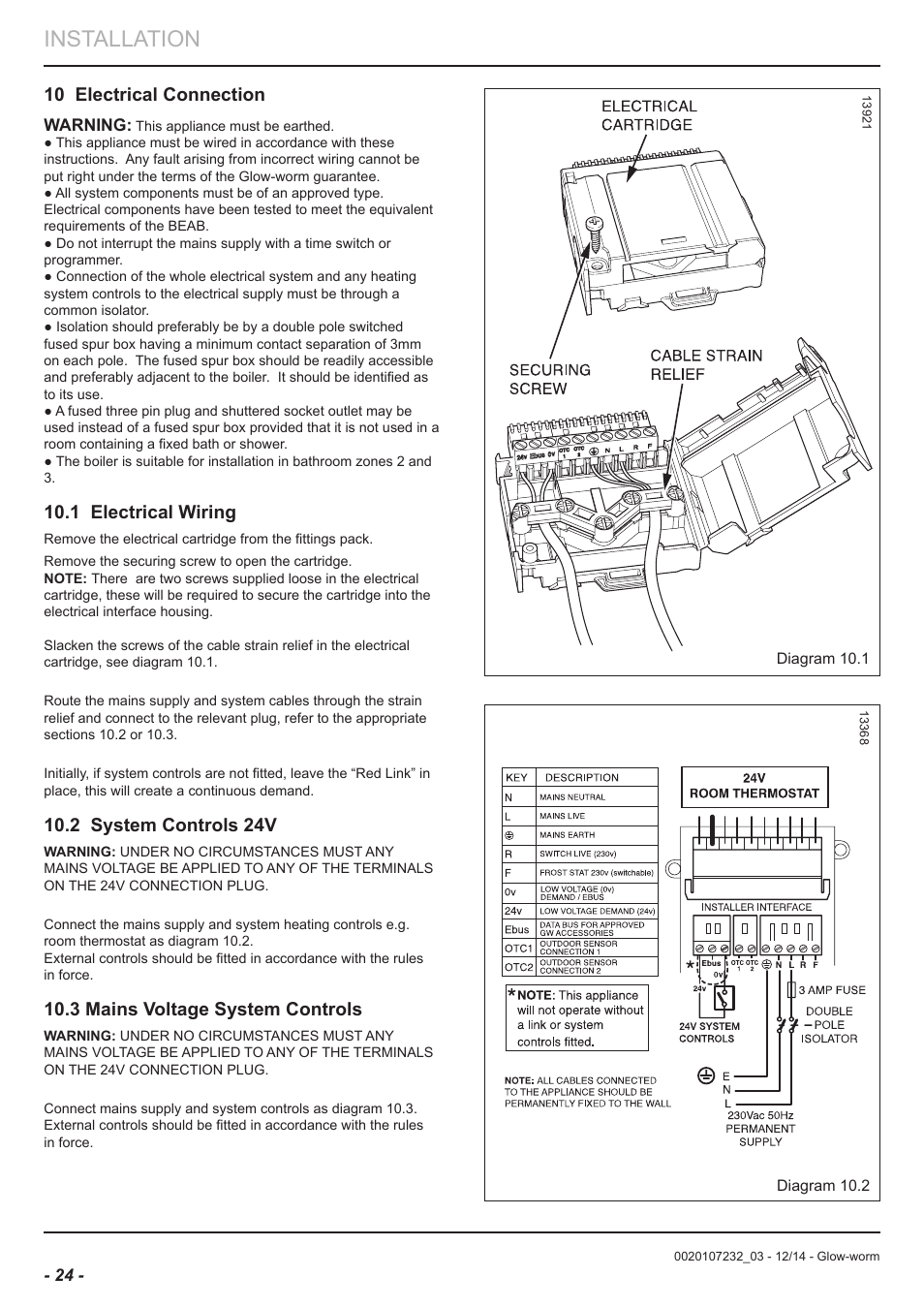 Installation, 10 electrical connection, 1 electrical wiring | 2 system controls 24v, 3 mains voltage system controls | Glow-worm Flexicom cx User Manual | Page 24 / 56