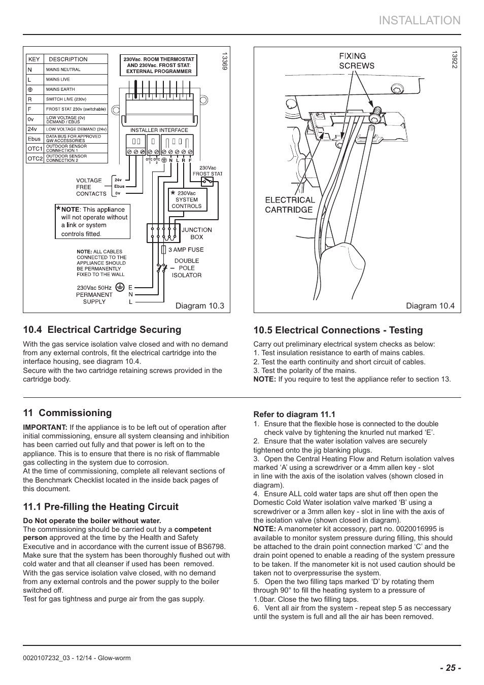 Installation, 4 electrical cartridge securing, 11 commissioning | 1 pre-filling the heating circuit, 5 electrical connections - testing | Glow-worm Flexicom cx User Manual | Page 25 / 56