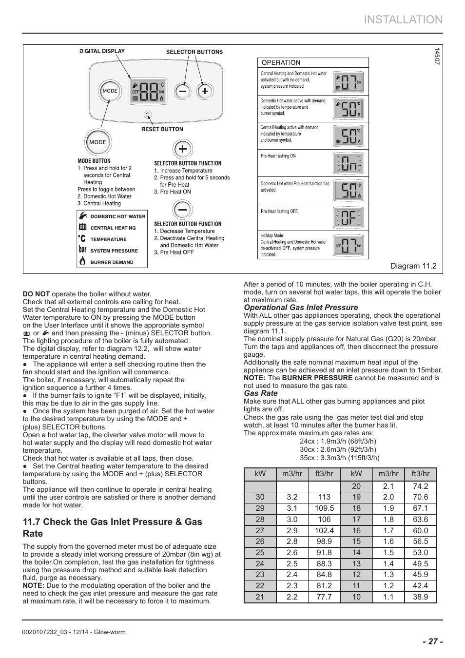Installation, 7 check the gas inlet pressure & gas rate | Glow-worm Flexicom cx User Manual | Page 27 / 56