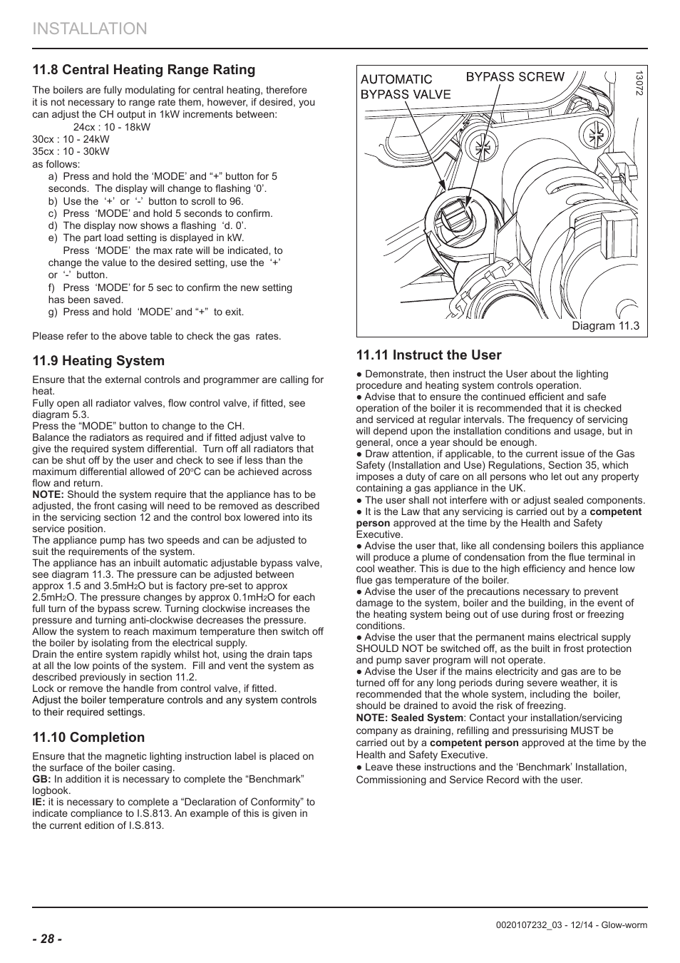 Installation, 8 central heating range rating, 9 heating system | 10 completion, 11 instruct the user | Glow-worm Flexicom cx User Manual | Page 28 / 56