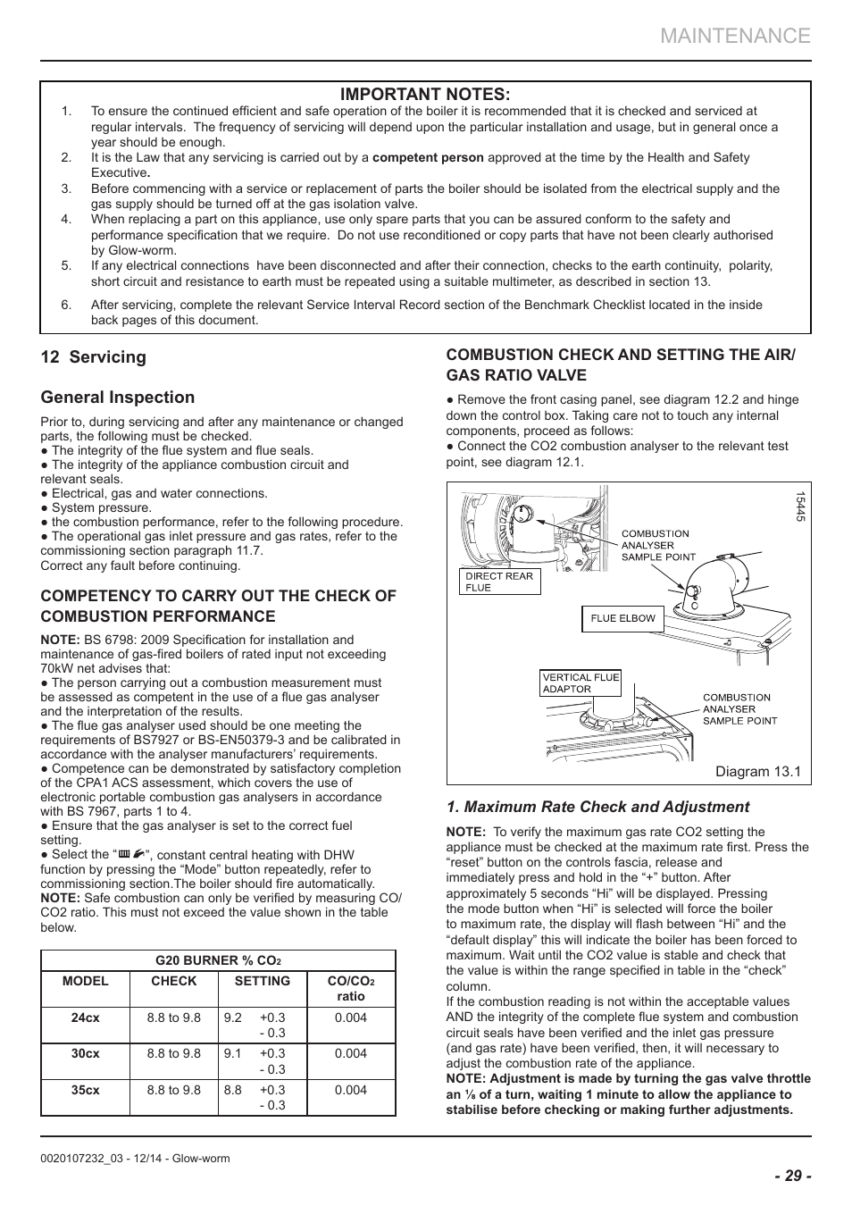 Maintenance, 12 servicing general inspection | Glow-worm Flexicom cx User Manual | Page 29 / 56
