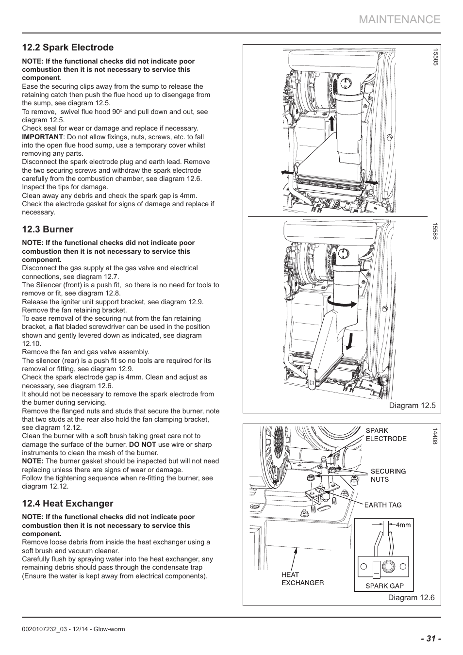 Maintenance, 2 spark electrode, 3 burner | 4 heat exchanger | Glow-worm Flexicom cx User Manual | Page 31 / 56