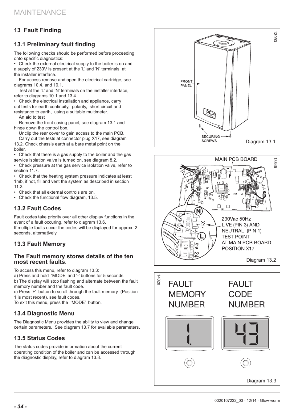 Maintenance, 2 fault codes, 4 diagnostic menu | 5 status codes | Glow-worm Flexicom cx User Manual | Page 34 / 56