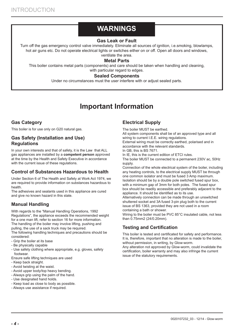 Important information warnings, Introduction, Gas category | Gas safety (installation and use) regulations, Control of substances hazardous to health, Manual handling, Electrical supply, Testing and certification, Gas leak or fault, Metal parts | Glow-worm Flexicom cx User Manual | Page 4 / 56