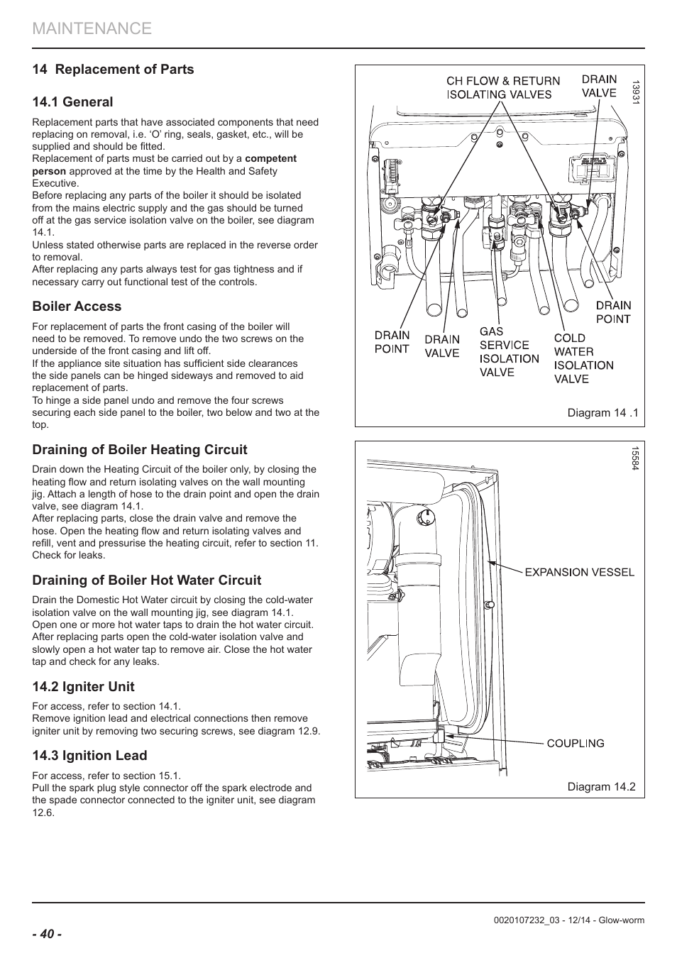 Maintenance, Boiler access, Draining of boiler heating circuit | Draining of boiler hot water circuit, 2 igniter unit, 3 ignition lead | Glow-worm Flexicom cx User Manual | Page 40 / 56