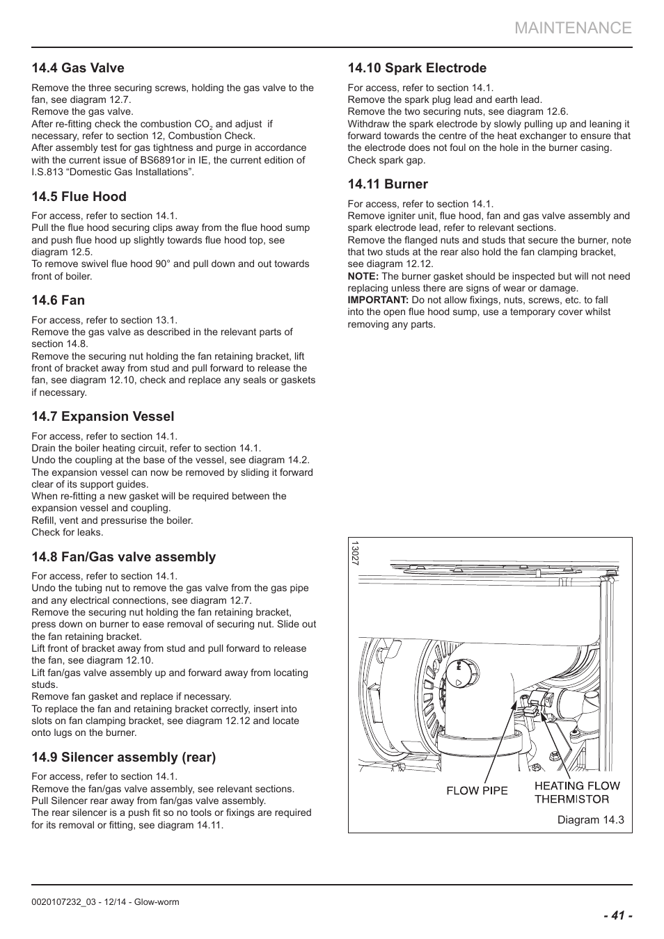 Maintenance, 4 gas valve, 5 flue hood | 6 fan, 7 expansion vessel, 8 fan/gas valve assembly, 9 silencer assembly (rear), 10 spark electrode, 11 burner | Glow-worm Flexicom cx User Manual | Page 41 / 56